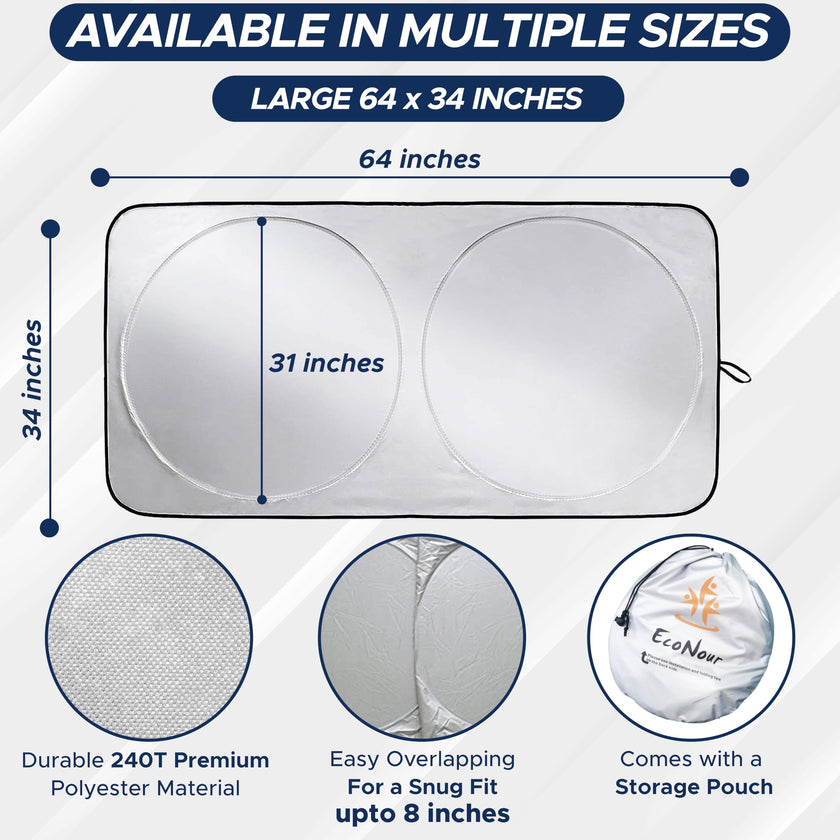 EcoNour Car Windshield Sun Shade with Storage Pouch | Durable 240T Material Car Sun Visor for UV Rays, Sun Heat Protection | Car Interior Accessories for Sun Heat | Medium Plus (64 inches x 34 inches) 🍁 All In One Marketplace Canada