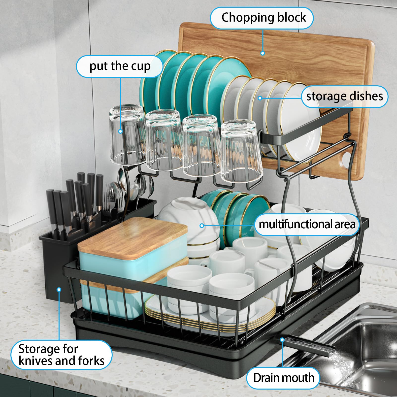 7 code Large Dish Drying Rack for Kitchen Counter,Detachable Large Capacity Dish Drainer Organizer with Utensil Holder,2-Tier Dish Drying Rack with Drain Board,Black 🍁 All In One Marketplace Canada