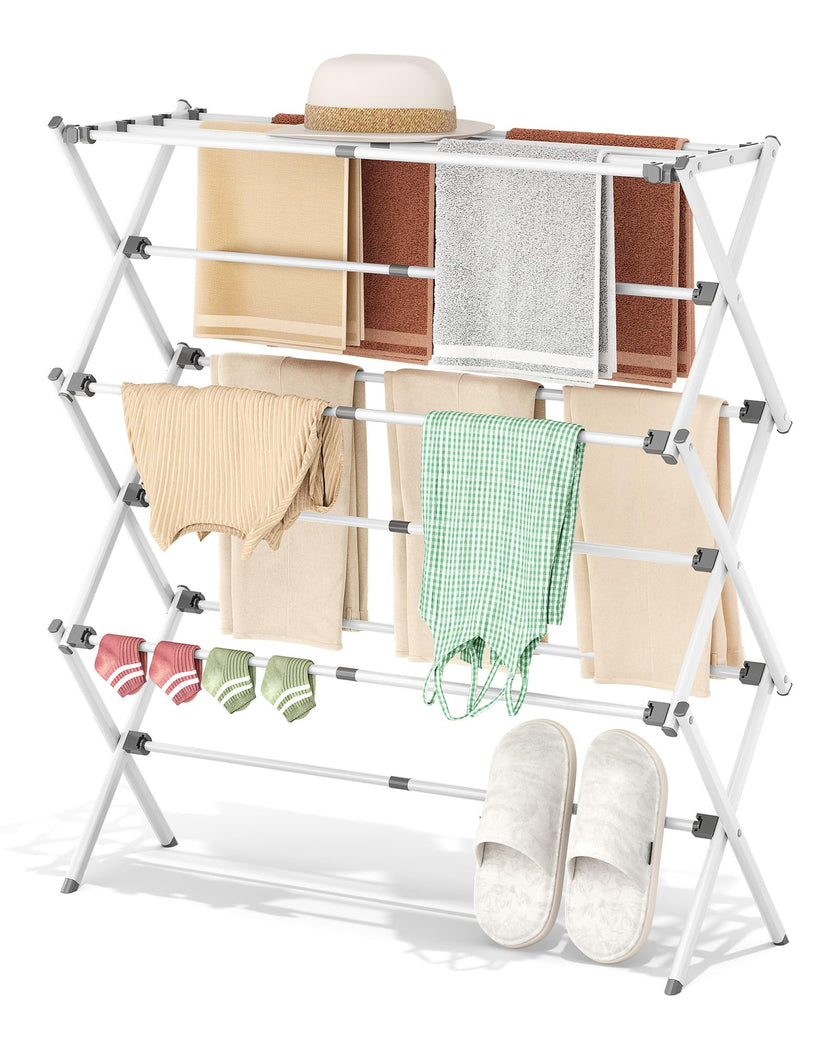 APEXCHASER Clothes Drying Rack, Expandable Drying Rack Clothes, Collapsible 3 Tiers Foldable Laundry Rack Indoor, for Baby Clothe Towels Bibs, White, 37.6inch 🍁 All In One Marketplace Canada