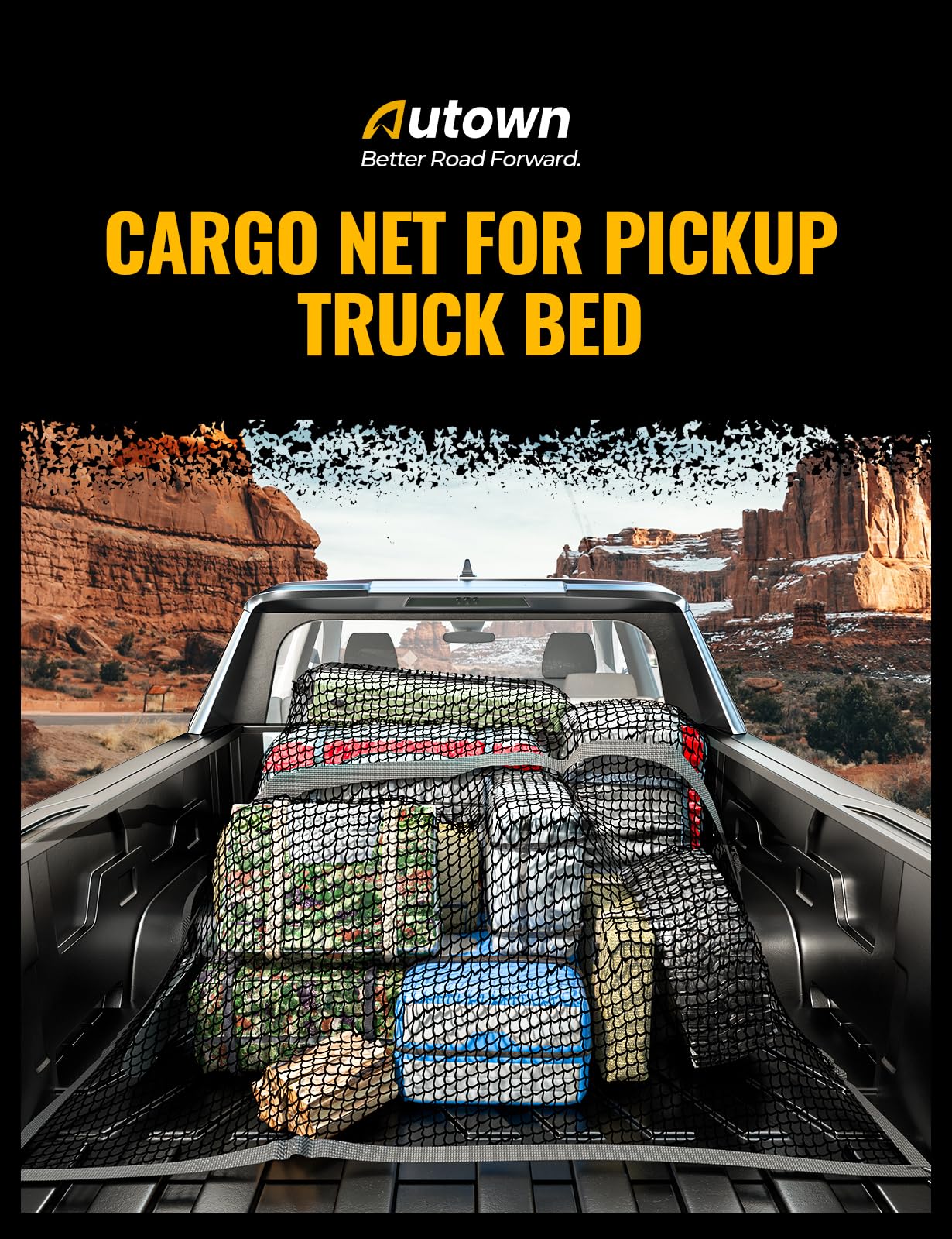 AUTOWN Cargo Net for Pickup Truck Bed - Stretchable 4'x4' to 7'x7', High Elastic Fine Mesh 1''x1'' with 8 Metal Carabiners - Ideal for ATV, SUV, UTV, Truck and Boat Use (Single Layer) 🍁 All In One Marketplace Canada