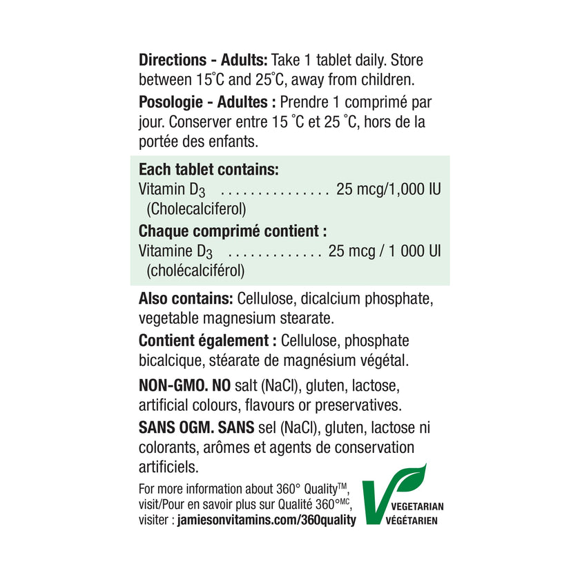 Jamieson Vitamin D3 1,000 IU Tablets, Supports Immune Health, Strong Bones, and Teeth, Enhances Calcium and Phosphorus Absorption. Vegetarian, Non-GMO, Gluten-Free, One Per Day, 500 Count, Proudly Canadian 🍁 All In One Marketplace Canada