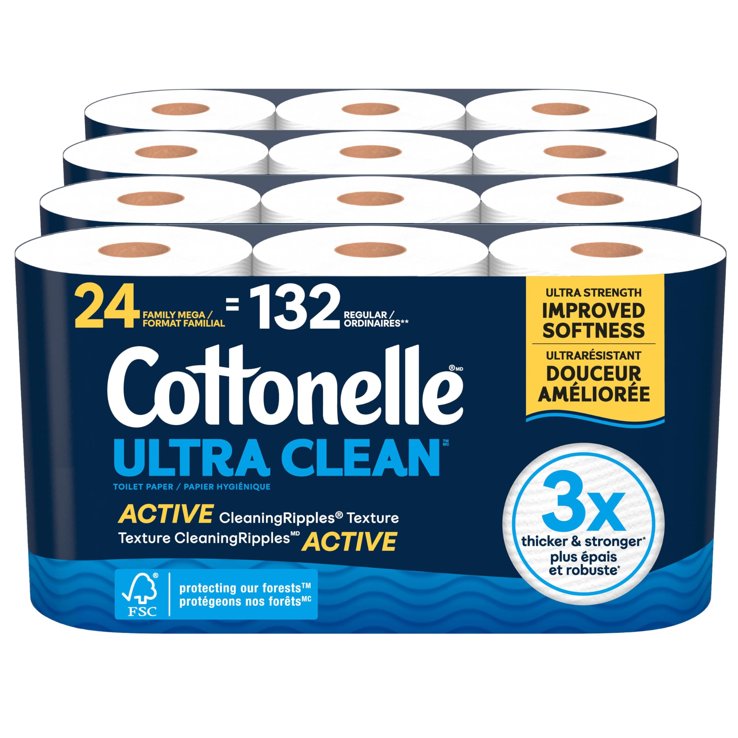 Cottonelle Toilet Paper, 24 Family Mega Rolls = 132 Regular Rolls (4 Packs of 6), Ultra Clean, Strong Bathroom Tissue, 353 Sheets per Roll, Packaging May Vary 🍁 All In One Marketplace Canada