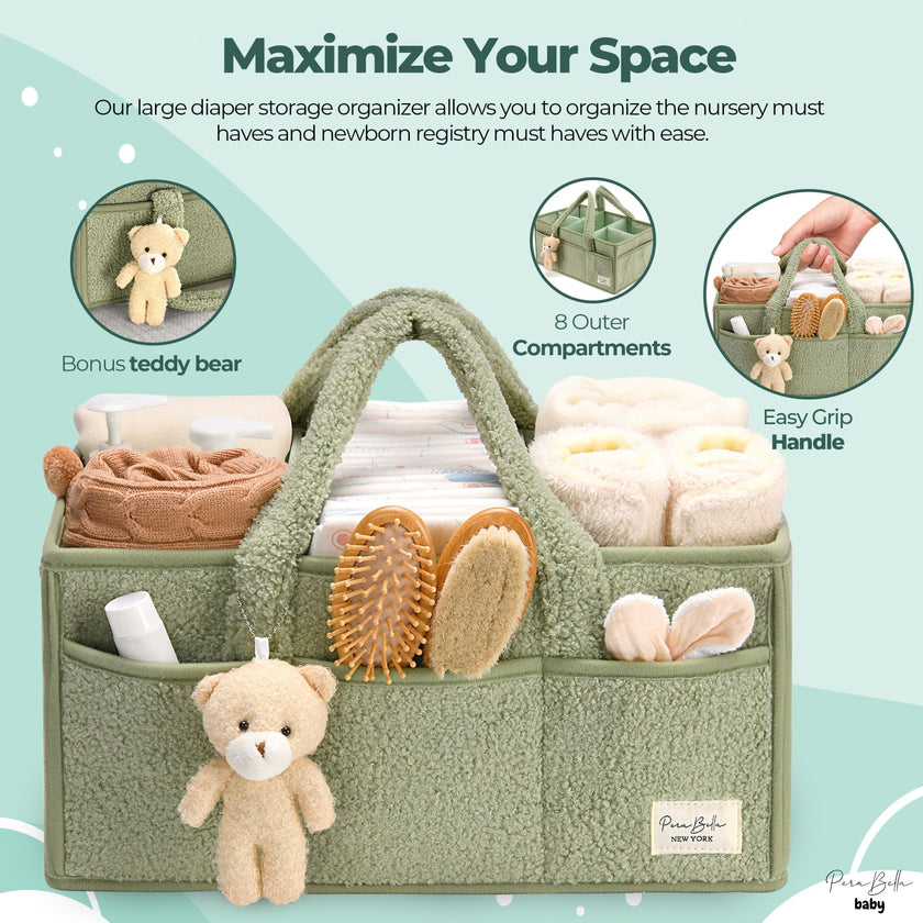 PeraBella Baby Diaper Caddy Organizer, Baby Organizers and Storage for Changing Table, Babies Shower Gift Basket for Boy &Girl, Nursery Essentials Car Caddy Organizer with Handle, Green Diaper Basket 🍁 All In One Marketplace Canada