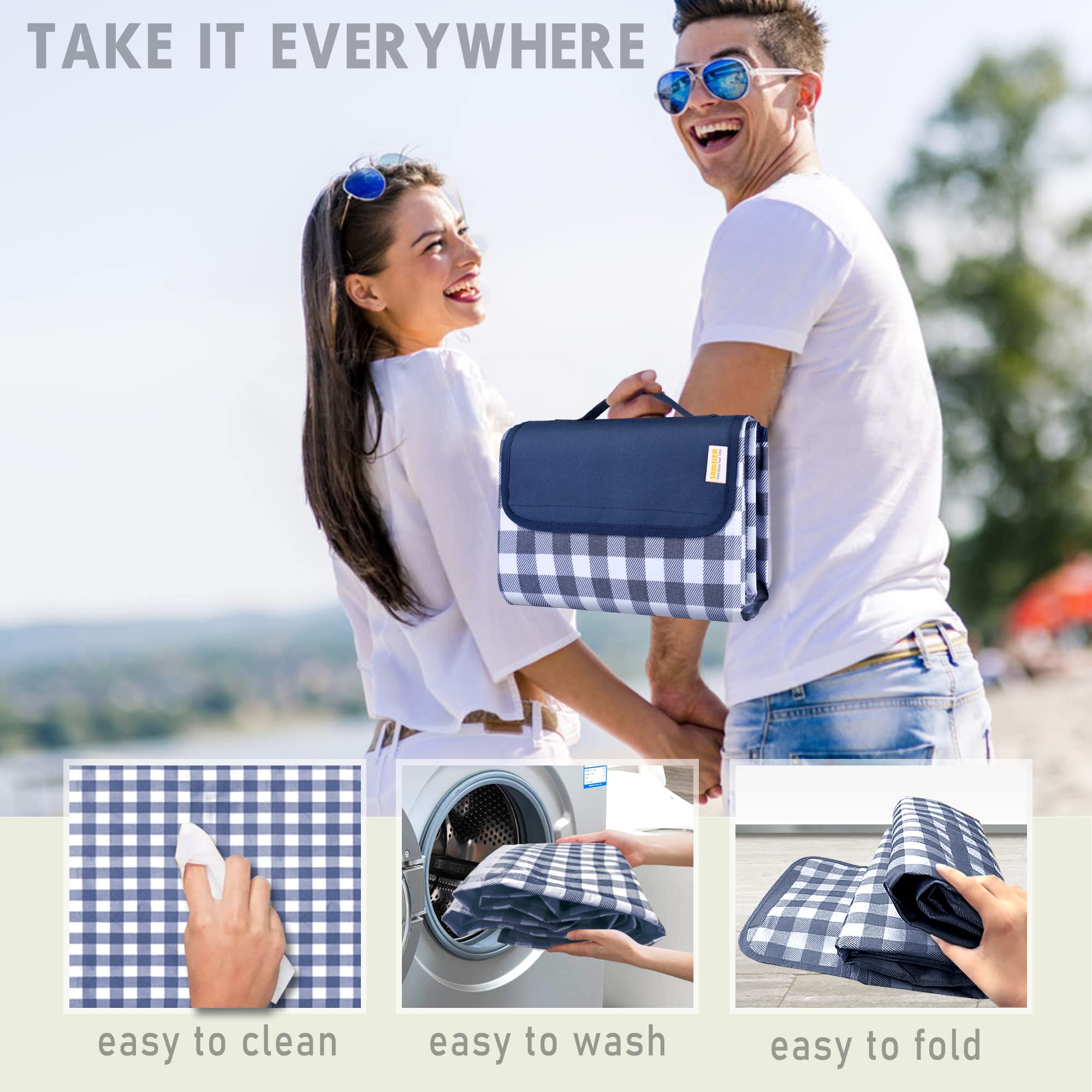 SAMSIER Large Outdoor Picnic Blankets Waterproof Foldable, Beach Blanket Sandproof Portable, Cute Picnic Mat Washable (Navy Blue, 60
