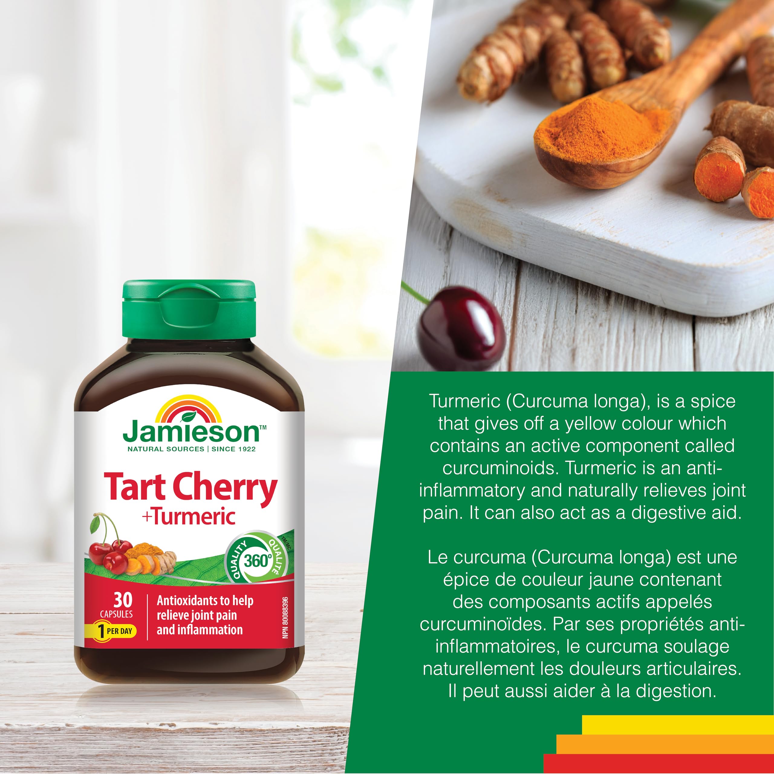 Jamieson Turmeric 100 mg with Tart Cherry 500 mg, Provides Natural Joint Pain Relief, Supports Inflammation, and Helps with Digestion. Non-GMO, 30 Vegetarian Capsules, Proudly Canadian 🍁 All In One Marketplace Canada