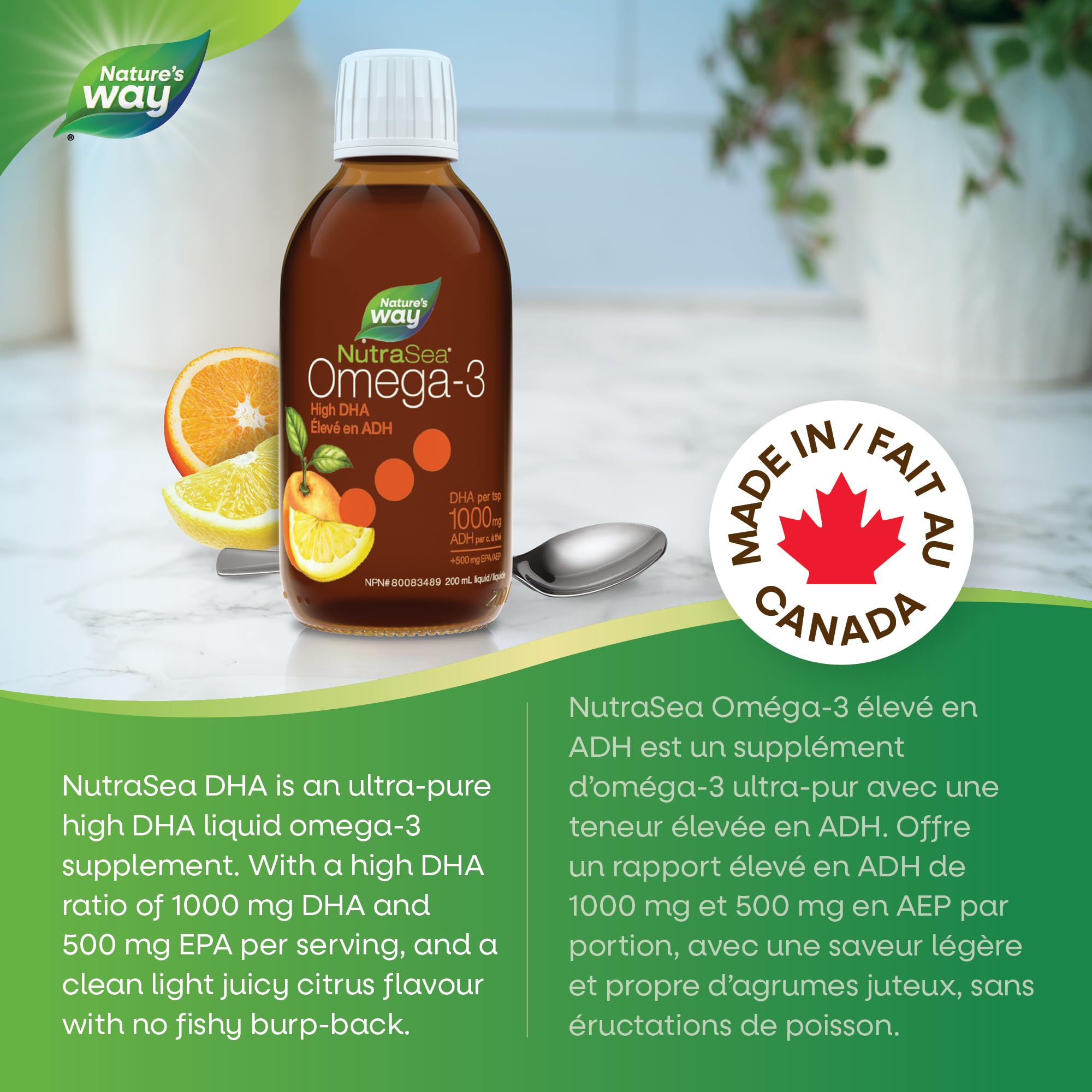 Nature's Way NutraSea High DHA Omega 3 Fish Oil Liquid Supplement for Adults and Kids Ages 14+ – Juicy Citrus Flavour, Non-GMO – Brain & Cognitive Support – 1500mg EPA & DHA, 200 mL 🍁 All In One Marketplace Canada