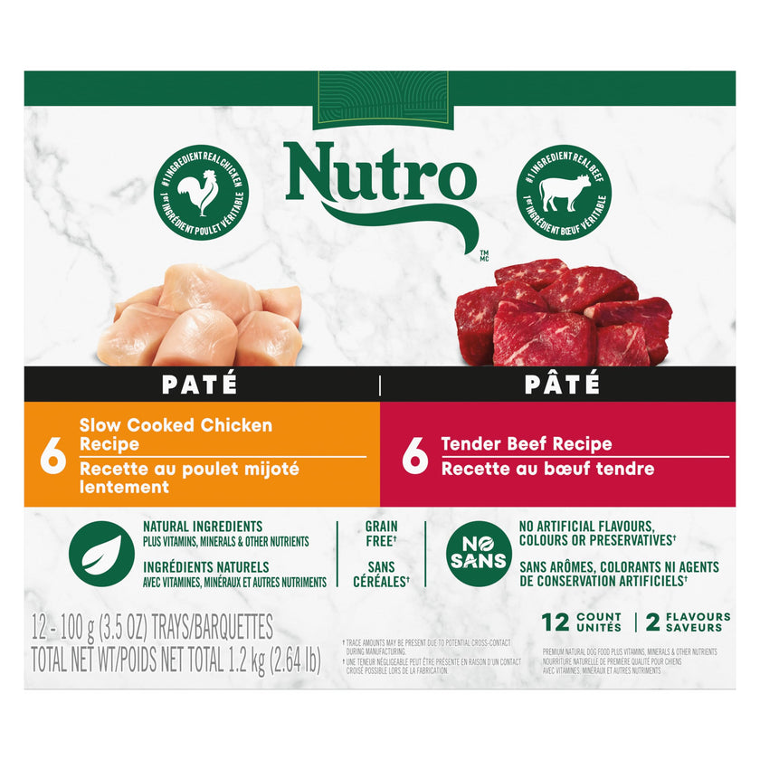 NUTRO Adult Wet Dog Food Paté, 6 Tender Beef, Sweet Potato & Carrot Recipe, 6 Slow Cooked Chicken, Potato, Carrot & Pea Recipe, 12x100g Trays 🍁 All In One Marketplace Canada