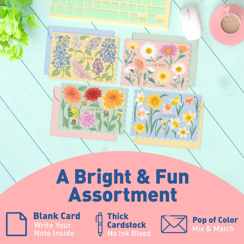 S&O Floral Thank You Cards with Envelopes – 36 Blank Cards – 4 Assorted Sunlit Meadows Designs with Gold Foil – 3.5x5