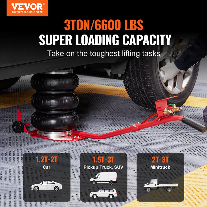 VEVOR Air Jack, 3 Ton/6600 lbs Triple Bag Air Jack, Airbag Jack with Six Steel Pipes, Lift up to 17.7 inch/450 mm, 3-5 s Fast Lifting Pneumatic Jack, with Long Handles for Cars, Garages, Repair, (Red) 🍁 All In One Marketplace Canada