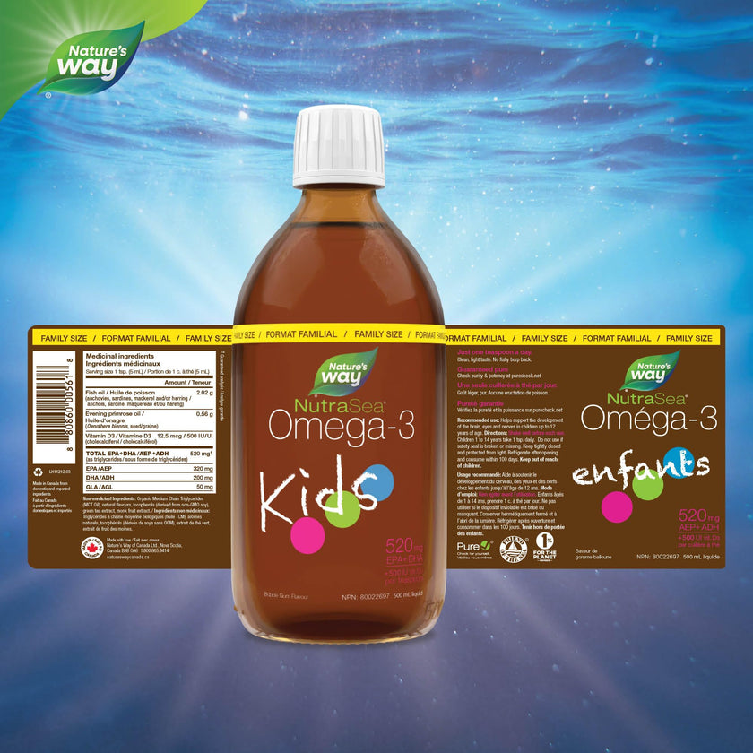 Nature's Way NutraSea Kids Omega 3 Fish Oil Liquid Supplement for Kids Ages 1 to 14 – Bubblegum Flavour – Brain & Eye Development – EPA & DHA, 500 mL Value Size 🍁 All In One Marketplace Canada