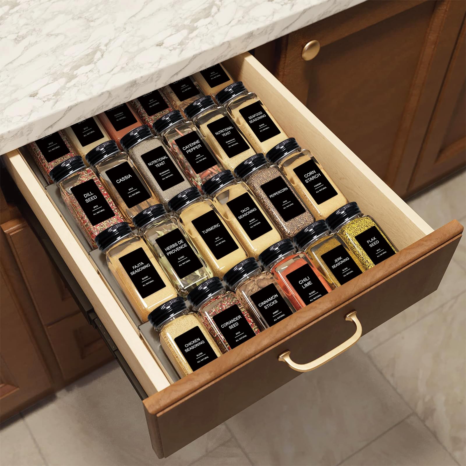 AISIPRIN 24 Pcs Glass Spice Jars with 398 Labels, 4oz Empty Square Containers Seasoning Bottles - Shaker Lids, Funnel, Brush and Marker Included(Black Metal Caps) 🍁 All In One Marketplace Canada