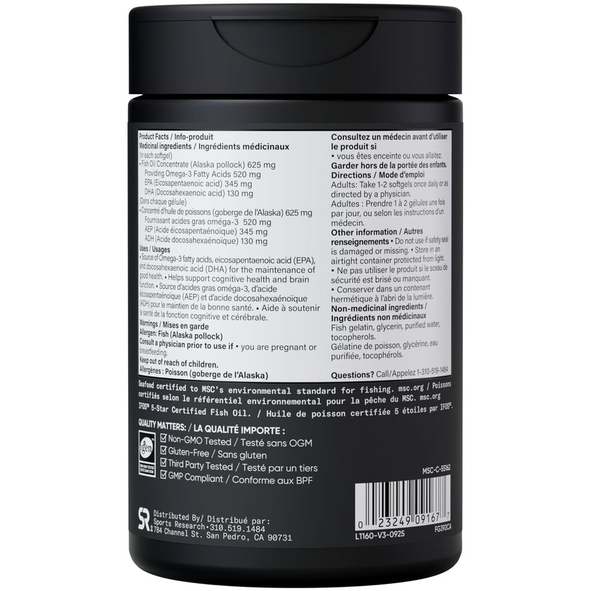 Sports Research® Fish Oil Mini-Softgels - Easy to Swallow Omega-3 Fatty Acids from Wild Caught Alaska Pollock Supporting Brain & Heart Health - 625mg, 120 Capsules 🍁 All In One Marketplace Canada