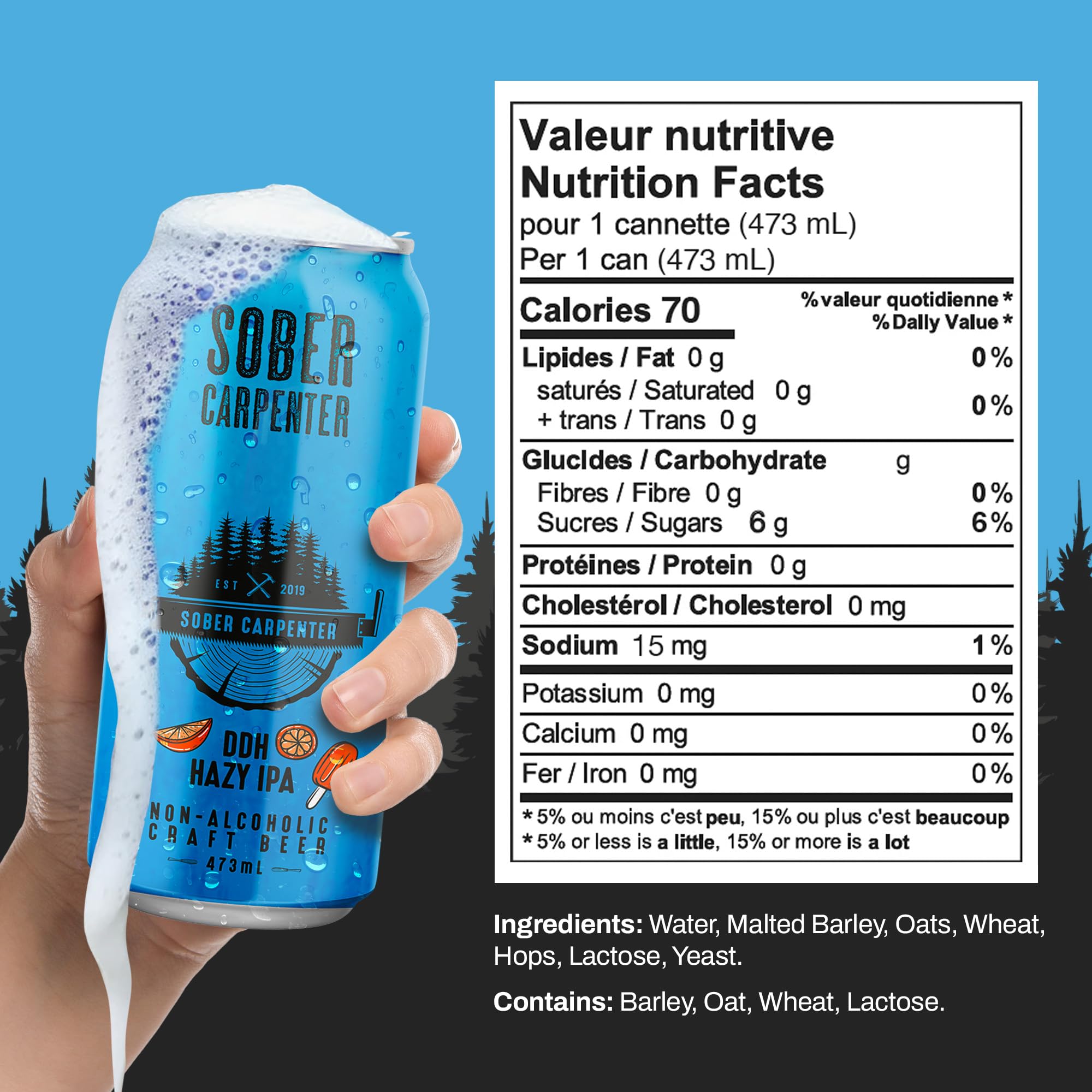 SOBER CARPENTER - DDH Hazy IPA Beer (Craft), All-Occasion Non Alcoholic Beer (with Lactose), Non Alcoholic Spirits & Alcohol Alternative, Low Calorie Drink with 70 Calories, Pack of 12 (16 oz Ea) 🍁 All In One Marketplace Canada