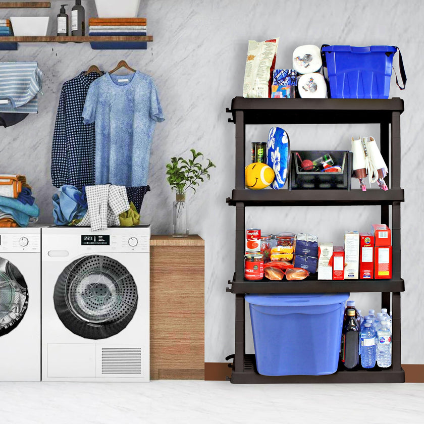 Koolatron Oscar Heavy Duty Plastic Storage Shelves- for Garage, Kitchen, Bathroom Basement, Kids Room, Toys,Stackable 4-Tier Black, Organizer Rack for Books Shoes, Pantry, Cleaning, Made in Canada 🍁 All In One Marketplace Canada