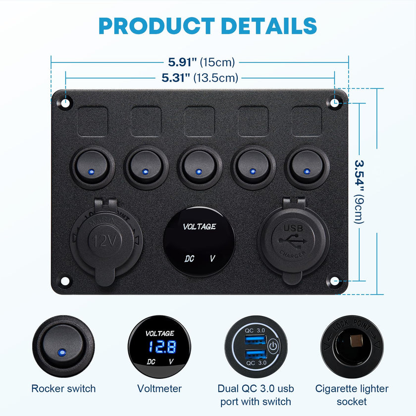 Kohree 5 Gang 12V Switch Panel, Rocker Switch Panel with Touch Switch 🍁 All In One Marketplace Canada