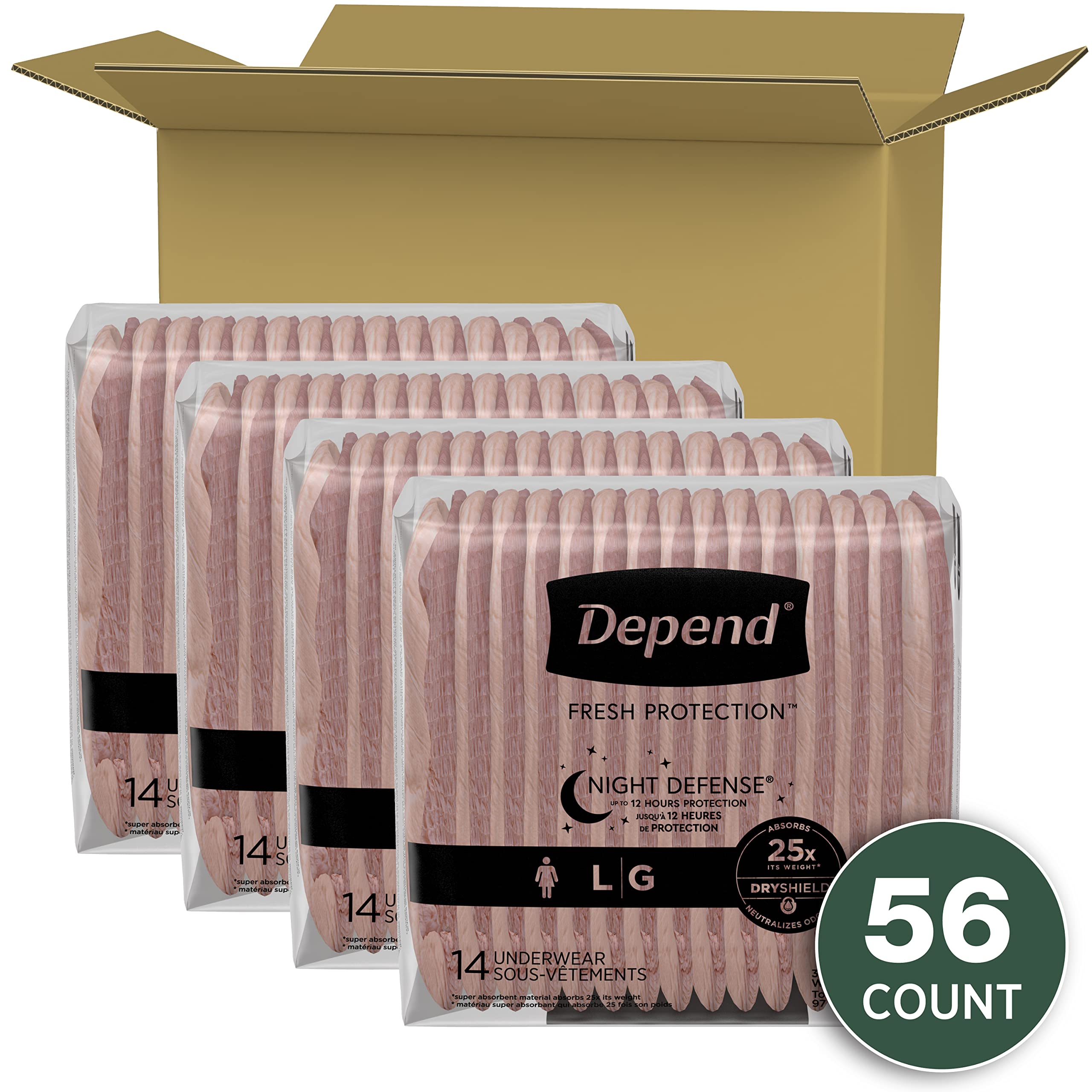 Depend Night Defense Adult Incontinence Underwear for Women, Disposable, Overnight, Large, Blush, 56 Count 🍁 All In One Marketplace Canada