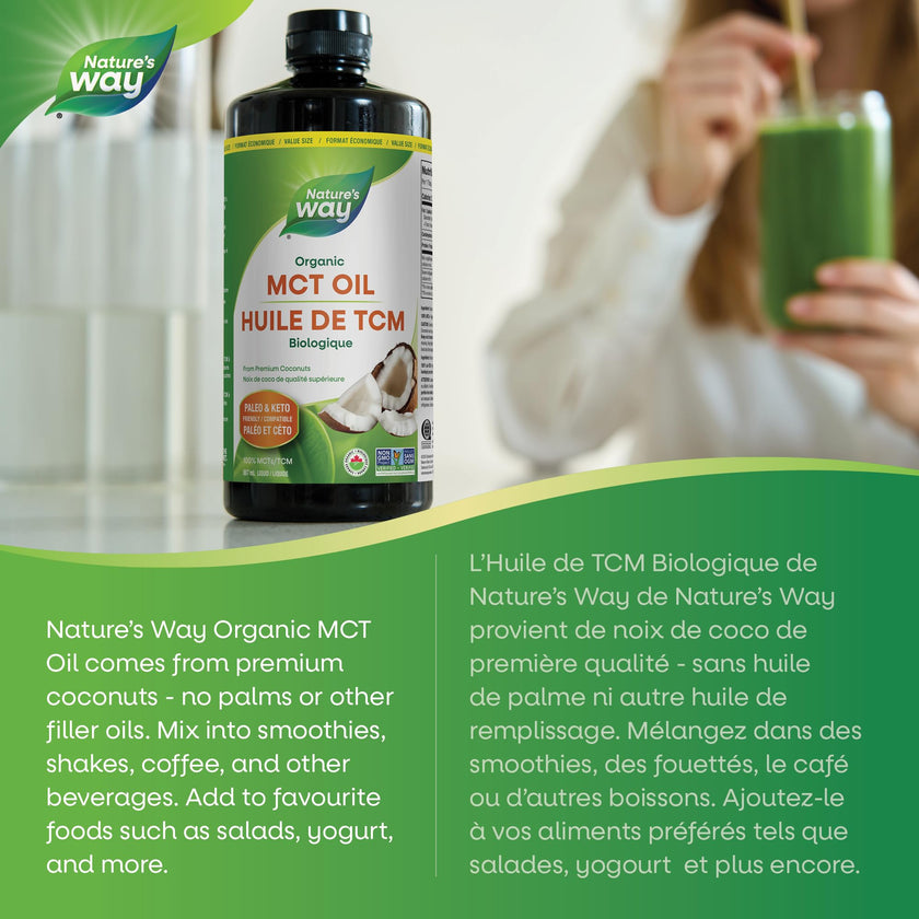 Nature's Way 100% Pure MCT Oil From Coconut – 14g MCT Per Serving – Paleo and Keto friendly – Certified Organic – Non-GMO Project Verified – Vegetarian, Gluten-free, & Flavourless – 887 mL, Value Size 🍁 All In One Marketplace Canada
