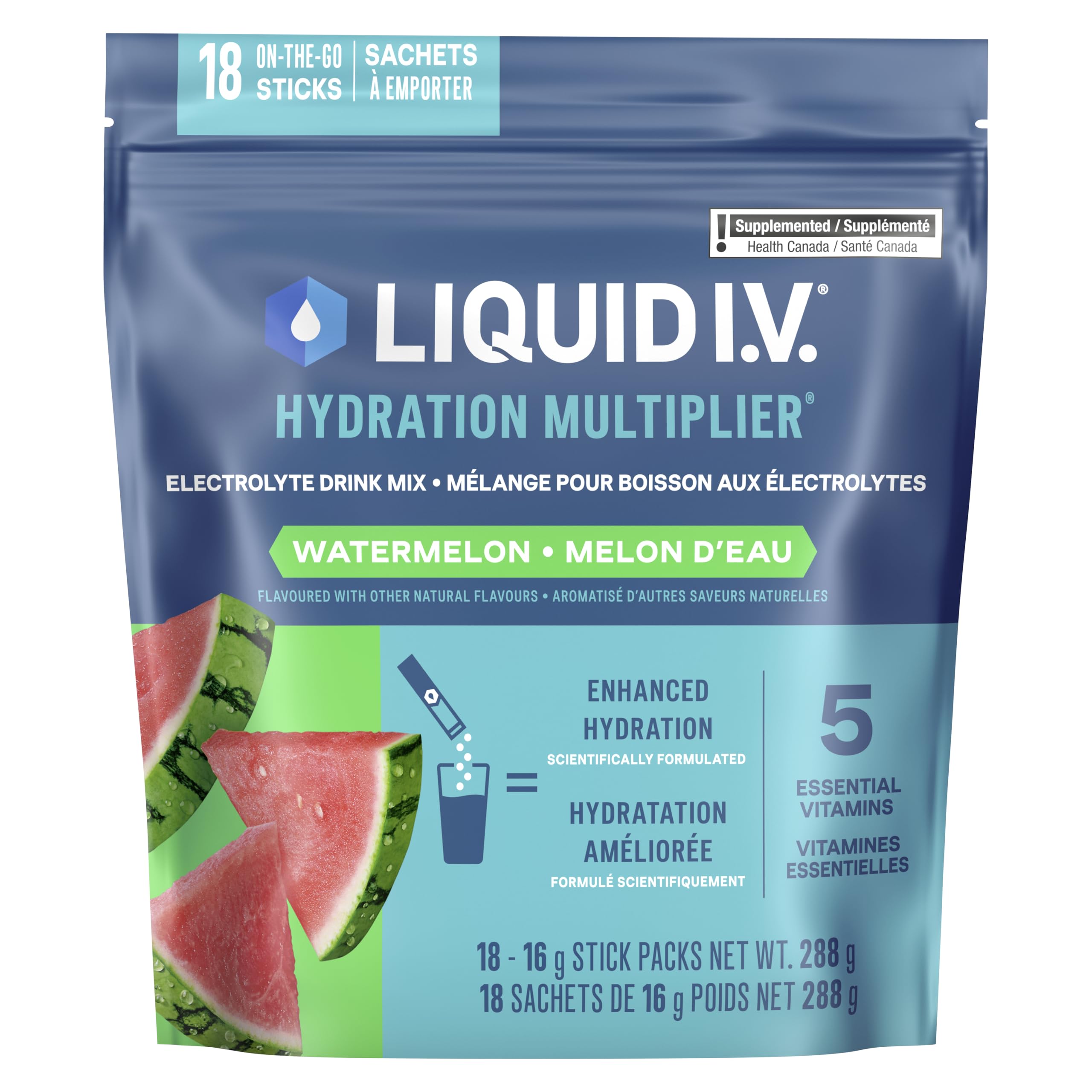 Liquid I.V. Hydration Multiplier Electrolyte Drink Mix - Enhanced Hydration Electrolyte Powder with Vitamins B3, B5, B6, B12 and C -18x On-the-go Sticks for Workout and Travel - Watermelon 🍁 All In One Marketplace Canada