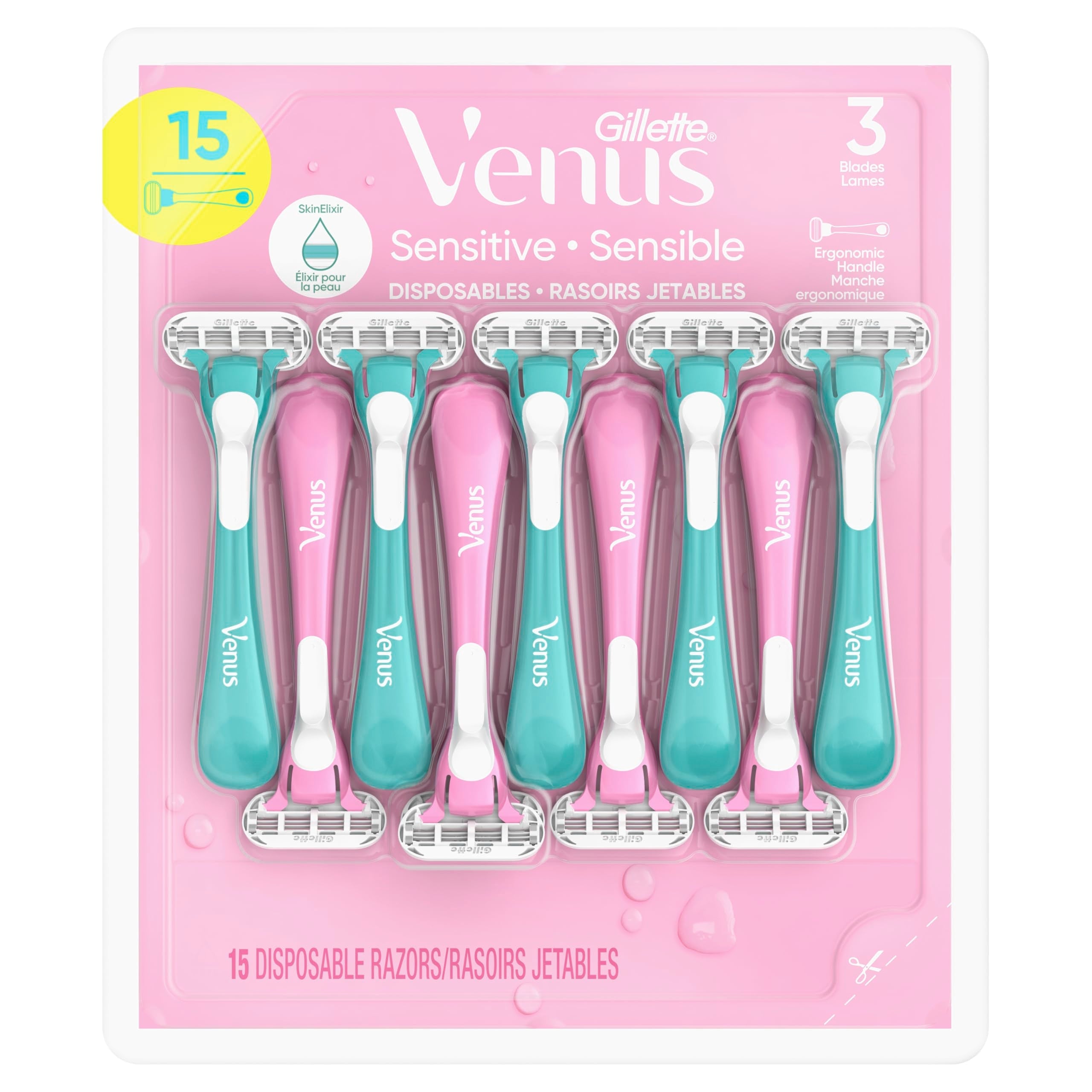 Gillette Venus Sensitive Disposable Razors for Women with Sensitive Skin, Delivers Close Shave with Comfort, 15 Count (Pack of 1) 🍁 All In One Marketplace Canada