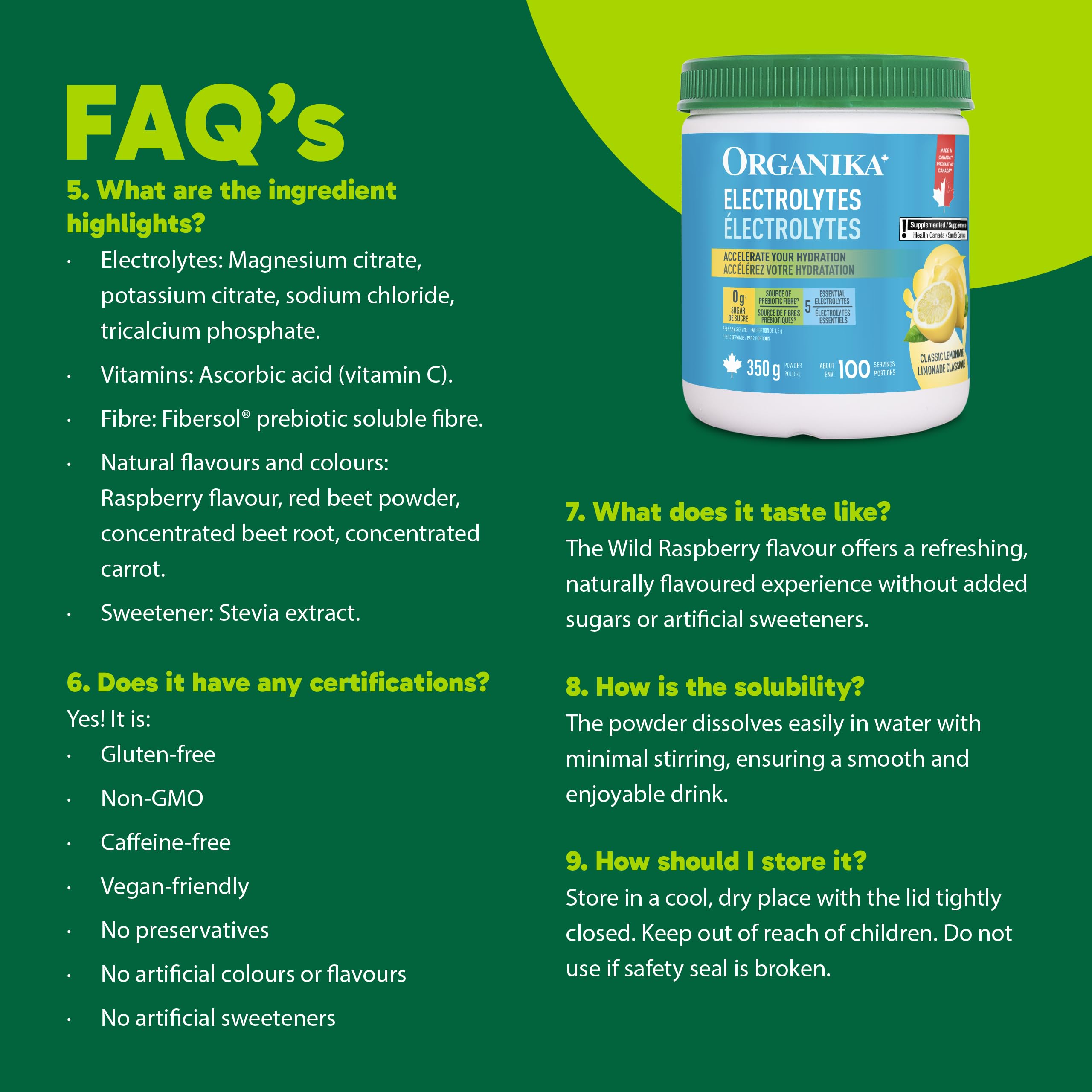 Organika Canadian-Made Electrolytes Powder with Vitamin C & Prebiotic Fibre - Sugar-Free Hydration Drink Mix - Classic Lemonade - 350 g - 100 servings 🍁 All In One Marketplace Canada