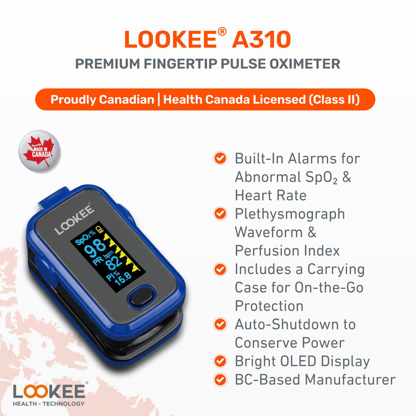 LOOKEE A310 Premium Pulse Oximeter Finger Heart Rate Oxygen Monitor | Proudly Canadian | SpO2 Blood Oxygen Level | Medical Accuracy, Alarm & PI | OLED Display | Carry Case & Batteries | Blue 🍁 All In One Marketplace Canada