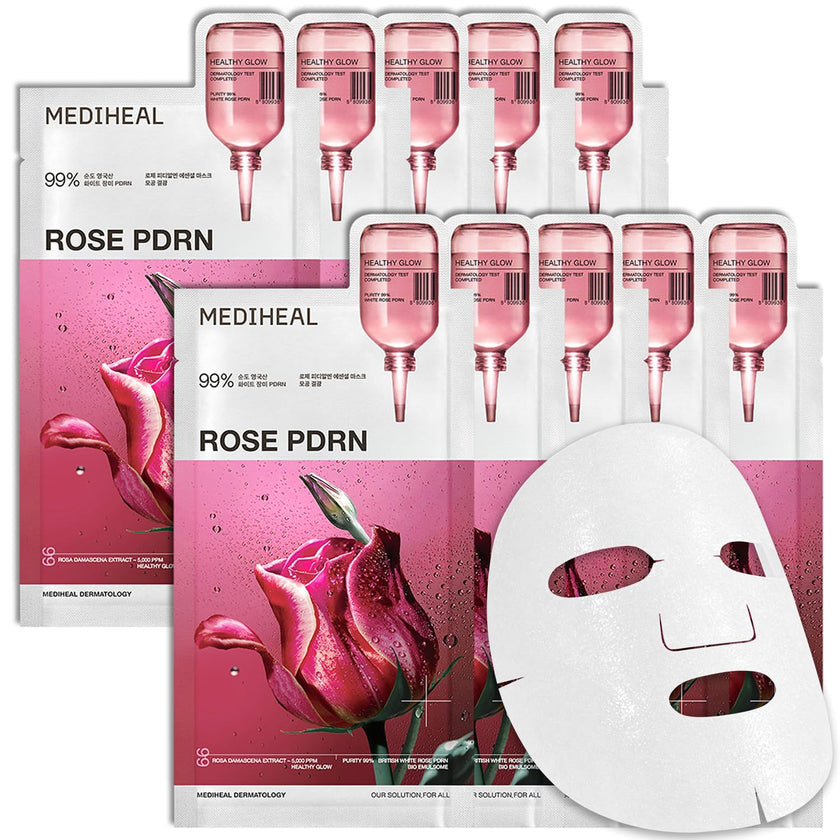 MEDIHEAL Rose PDRN Essential Face Mask - Healthy Glow with Squalane & Vitamin C, Hydrating & Firming, Pore Minimizer & Moisture Barrier, Vegan, Korean Skincare for Women (10 Sheets) 🍁 All In One Marketplace Canada