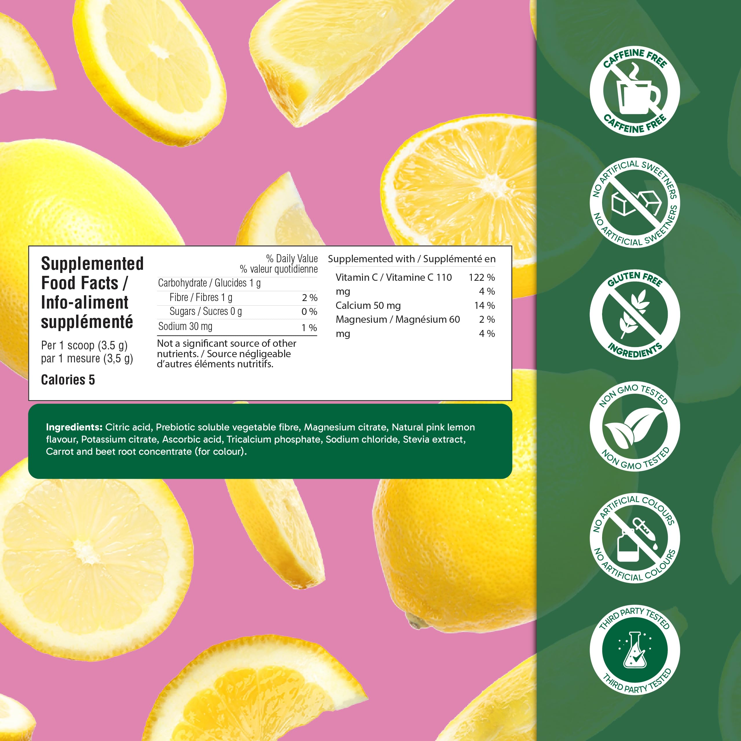 Organika Canadian-Made Electrolytes Powder with Vitamin C & Prebiotic Fibre - Sugar-Free Hydration Drink Mix - Pink Lemonade - 210 g - 60 servings 🍁 All In One Marketplace Canada