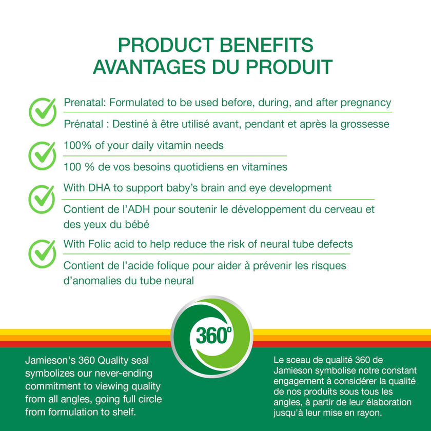 Jamieson Prenatal 100% Complete Multivitamin + DHA, with Folic Acid and Iron, 60 Softgels. For Prenatal, Postnatal and Breastfeeding, Supports Baby's Developing Brain, Gluten-Free, One Per Day 🍁 All In One Marketplace Canada