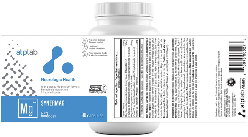 ATP LAB - Synermag 90 Capsules 90-Day Supply - High potency Magnesium Bisglycinate, Malate, Taurine & Vitamin B6 - Bone Health Supplement - Muscle Health & Teeth Health 🍁 All In One Marketplace Canada