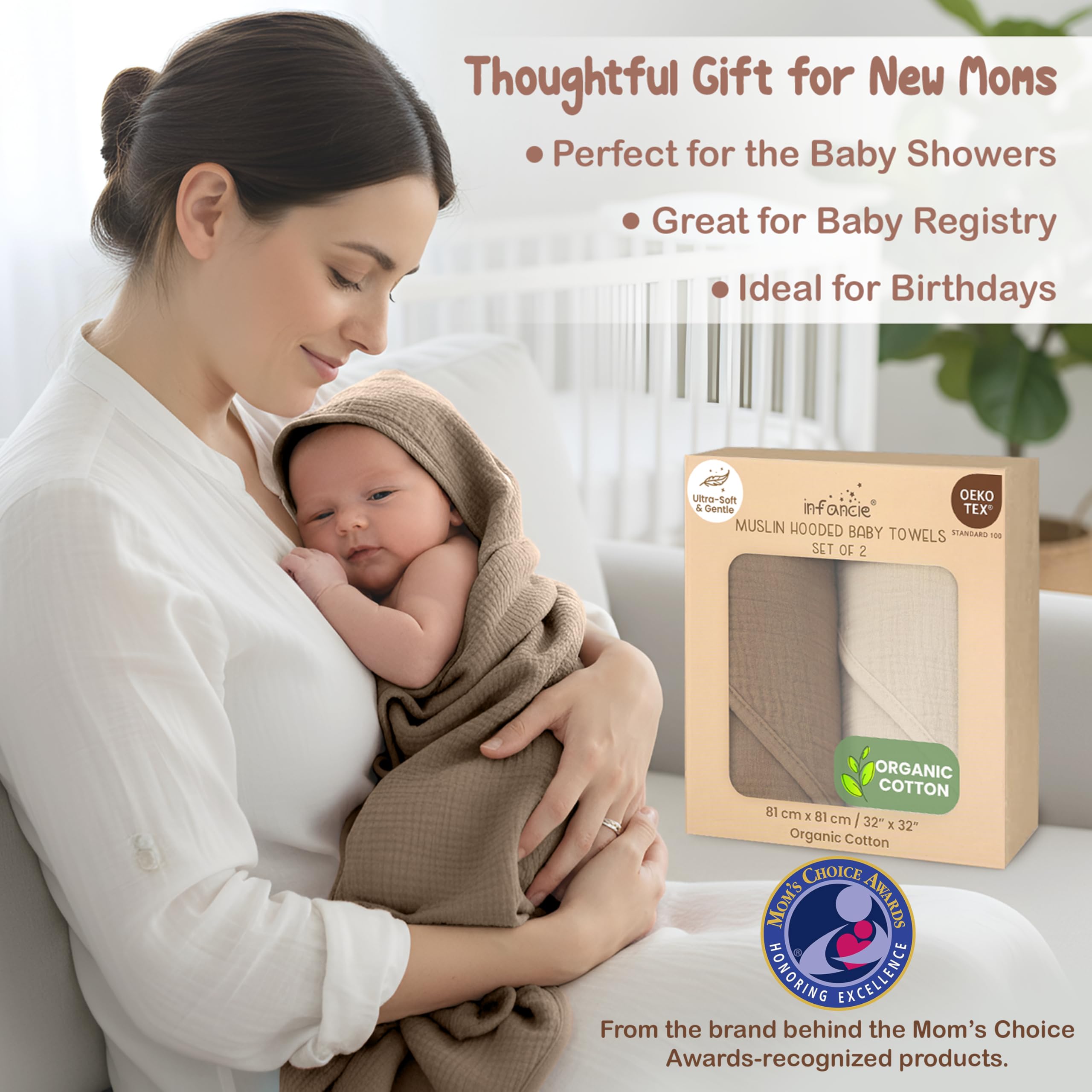 Infancie 100% Organic Cotton Muslin Hooded Baby Towels 2 Pack 81 X 81 CM Shower Towel Soft Breathable Lightweight Quick Dry Gentle On Baby Skin for Newborns and Infants 🍁 All In One Marketplace Canada