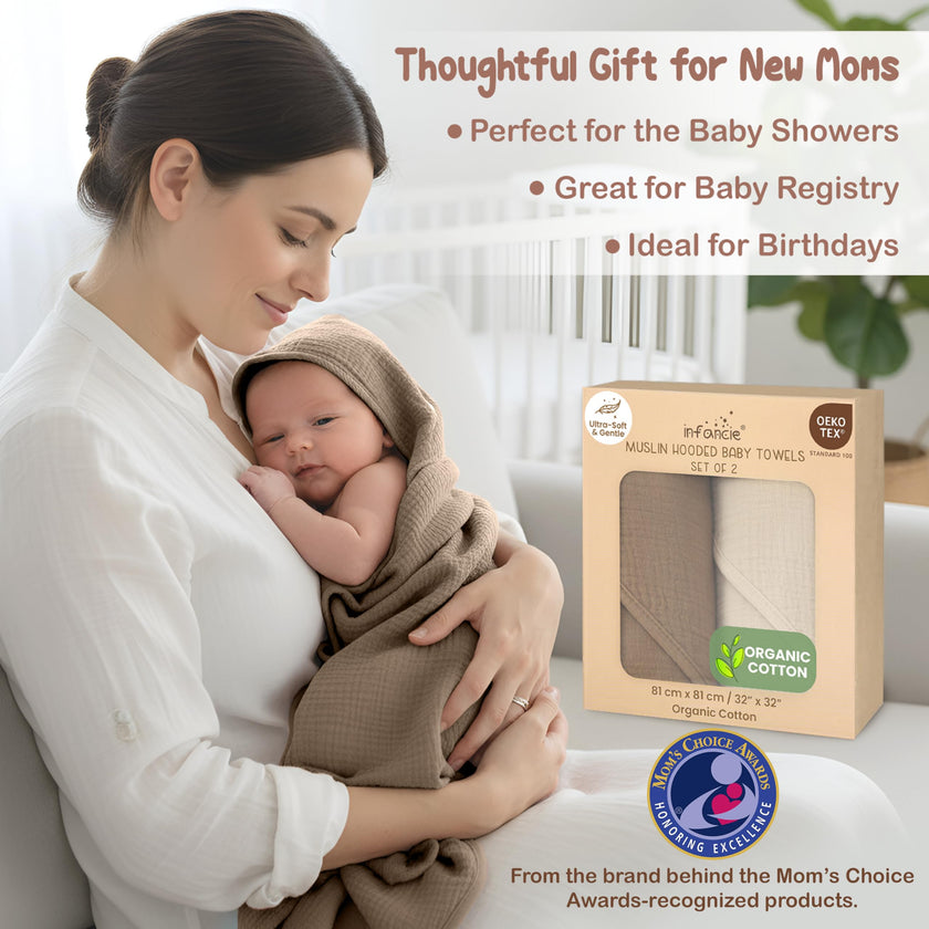 Infancie 100% Organic Cotton Muslin Hooded Baby Towels 2 Pack 81 X 81 CM Shower Towel Soft Breathable Lightweight Quick Dry Gentle On Baby Skin for Newborns and Infants 🍁 All In One Marketplace Canada