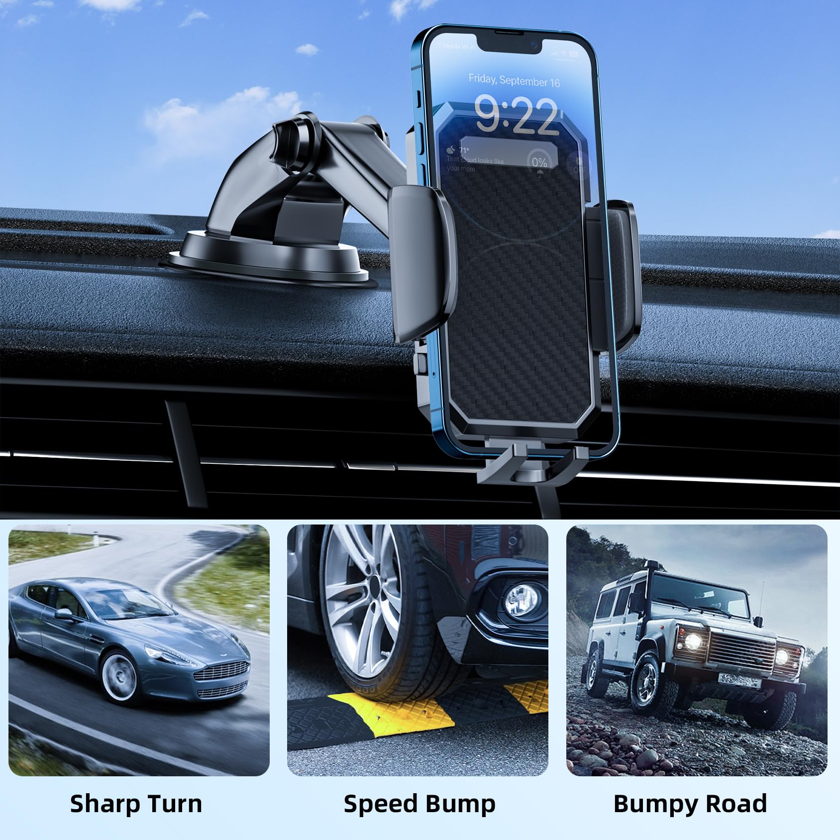 3-in-1 Car Phone Holder, [ Off-Road Level Suction Cup & Clip] Universal Cell Phone Holder Mount Dashboard Windshield Vent One-Hand Operation Holder Compatible with All Smartphones and Cars 🍁 All In One Marketplace Canada
