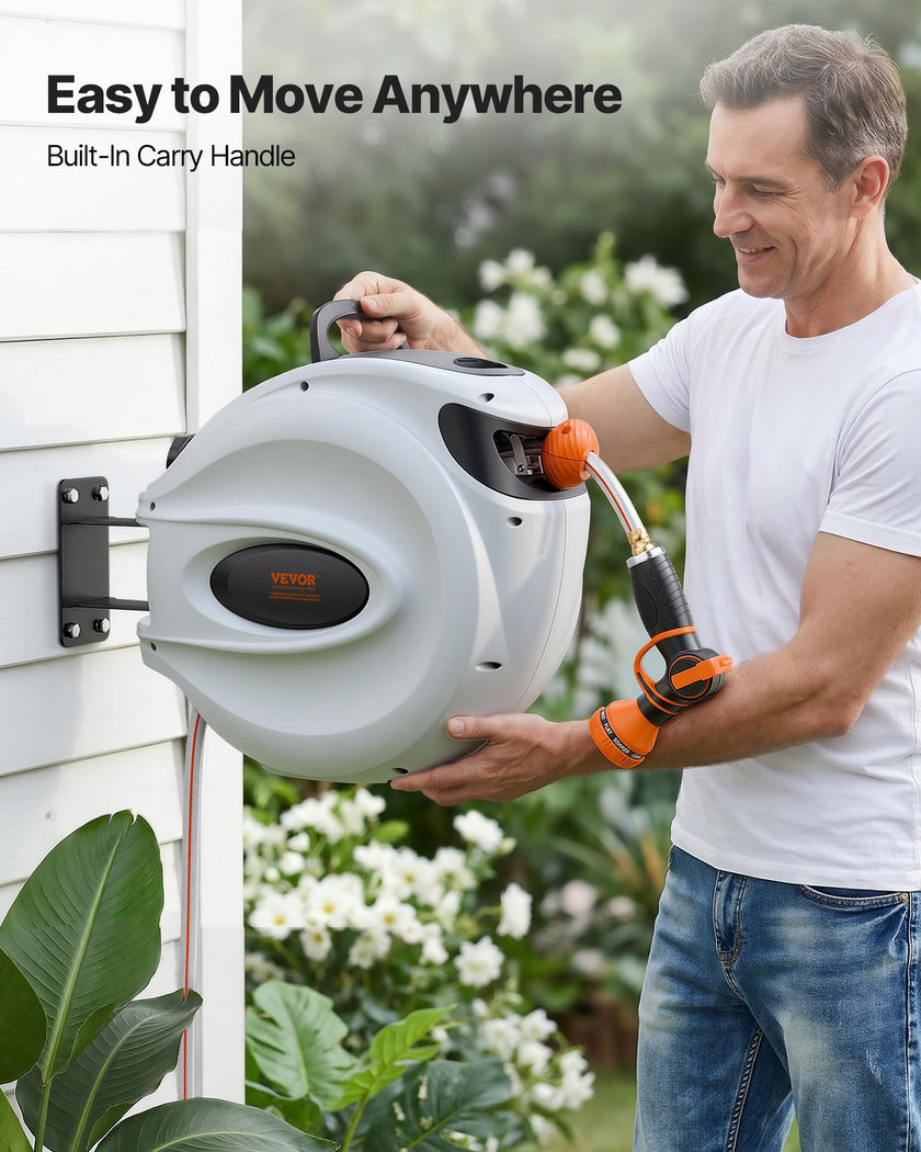 VEVOR Retractable Hose Reel, 115 ft x 1/2 inch, 180° Swivel Bracket Wall-Mounted, Garden Water Hose Reel with 9-Pattern Nozzle, Automatic Rewind, Lock at Any Length, and Slow Return System 🍁 All In One Marketplace Canada