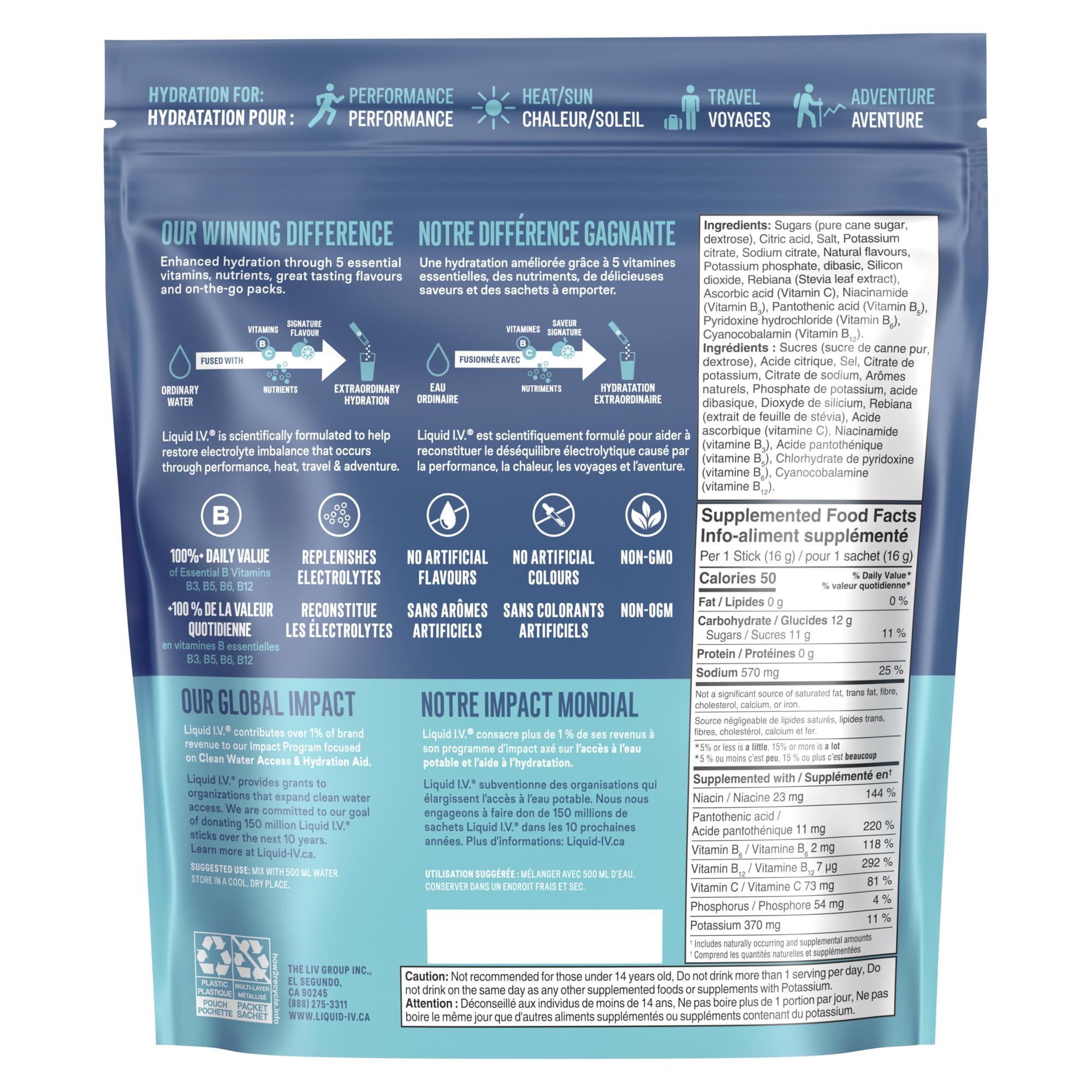 Liquid I.V. Hydration Multiplier Electrolyte Drink Mix - Enhanced Hydration Electrolyte Powder with Vitamins B3, B5, B6, B12 and C -18x On-the-go Sticks for Workout and Travel - Lemon Lime 🍁 All In One Marketplace Canada