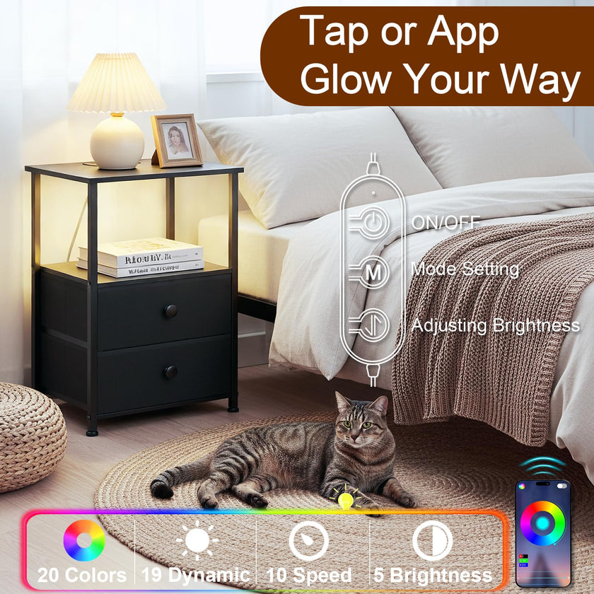 LOAKEKEL Night Stands Set 2, Bedside Table with Charging Station and LED Light, Nightstand with 2 AC Outlets and USB Ports, End Table with 2 Fabric Drawers for Bedroom, Living Room, Black, HETS02BK 🍁 All In One Marketplace Canada