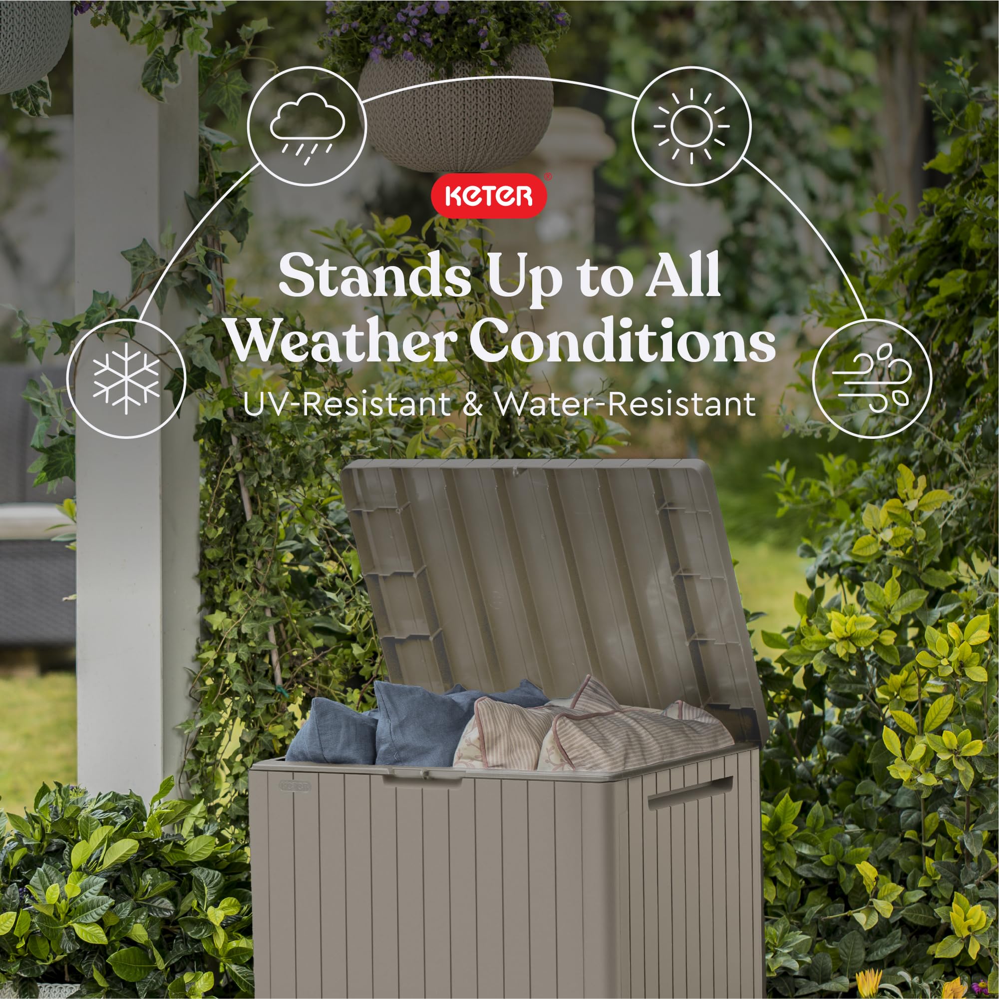 Keter City 30 Gallon Resin Outdoor Storage Box and Patio Furniture Side Table for Pool and Garden Accessories, Beige 🍁 All In One Marketplace Canada