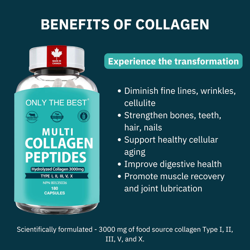 Premium Multi Collagen Peptides Capsules 3000mg - Types I, II, III, V, X To Support Skin, Hair, Nails & Bones - Helps Maintain Strong Joints, Ligaments, Muscles, & Digestive Health* - Hydrolyzed Collagen Supplement 180 Capsules
