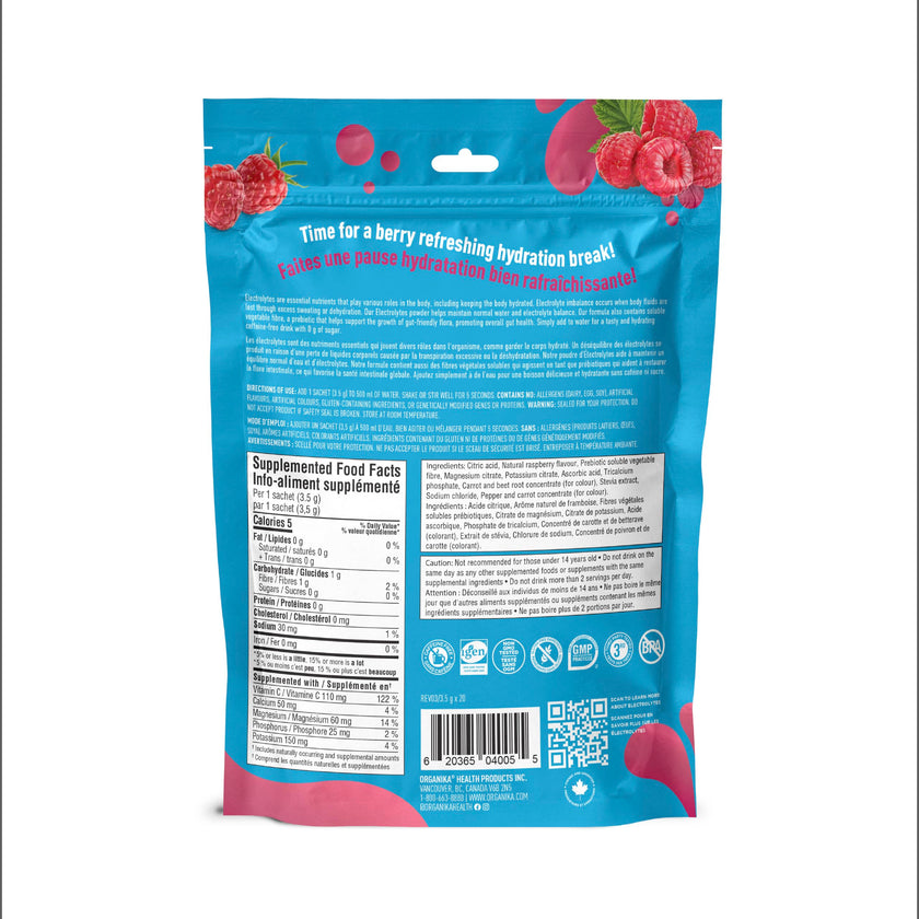 Organika Canadian-Made Electrolytes Powder with Vitamin C & Prebiotic Fibre - Sugar-Free Hydration Drink Mix - Wild Raspberry - 20 Single-Serve Sachets x 3.5g 🍁 All In One Marketplace Canada