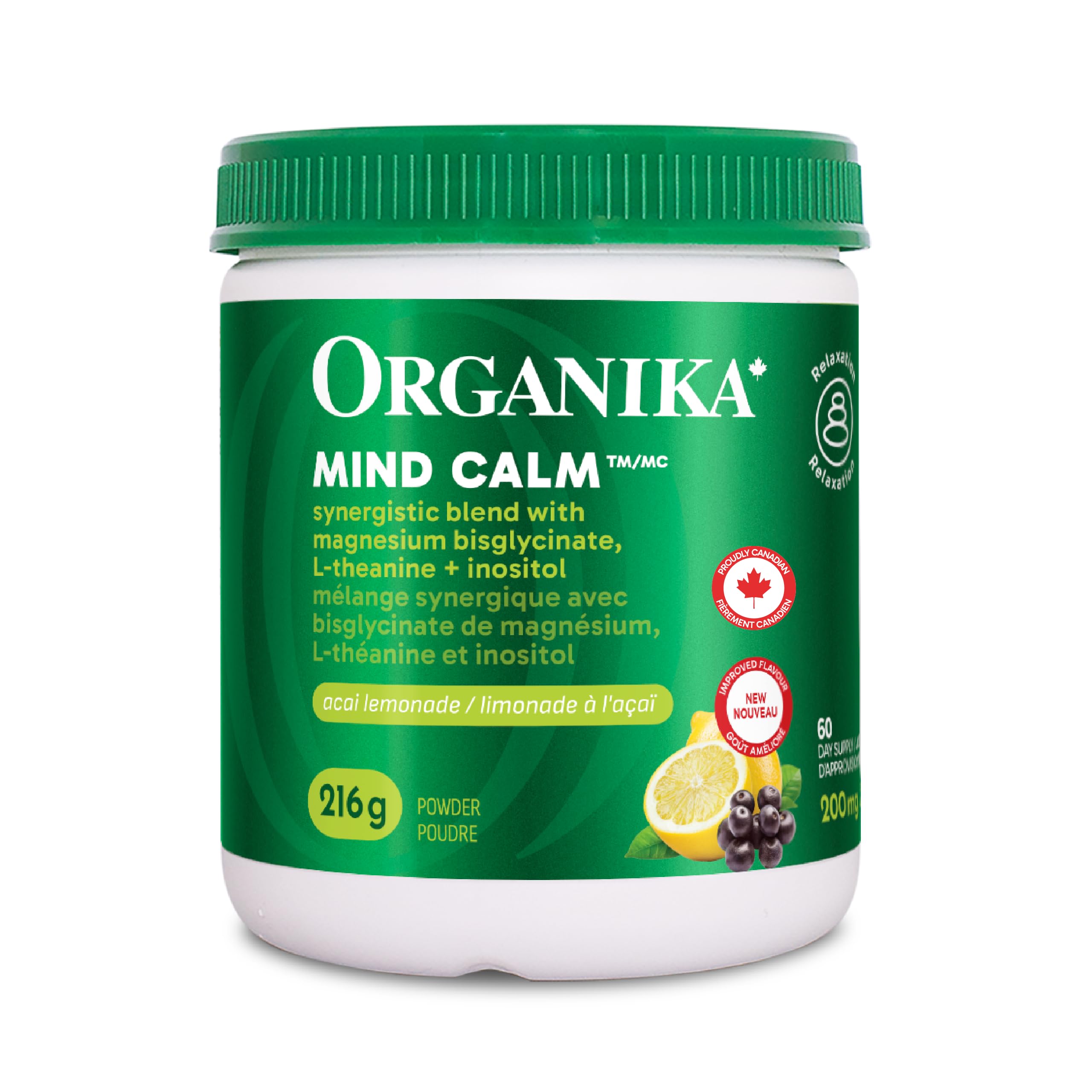 Organika Mind Calm Powder- with Magnesium Bisglycinate, L-Theanine, GABA, Inositol- Promotes Relaxation and Calm without Drowsiness- Acai Lemonade Flavour- 216g 🍁 All In One Marketplace Canada