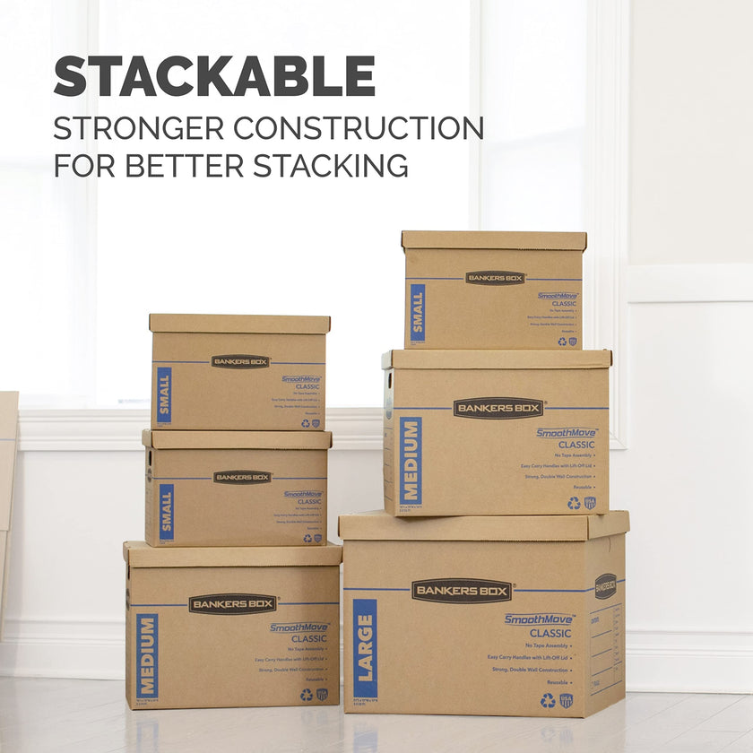 Bankers Box SmoothMove Moving Boxes with No-Tape Assembly, Lift -Off Lids And Easy-Carry Handles, 10