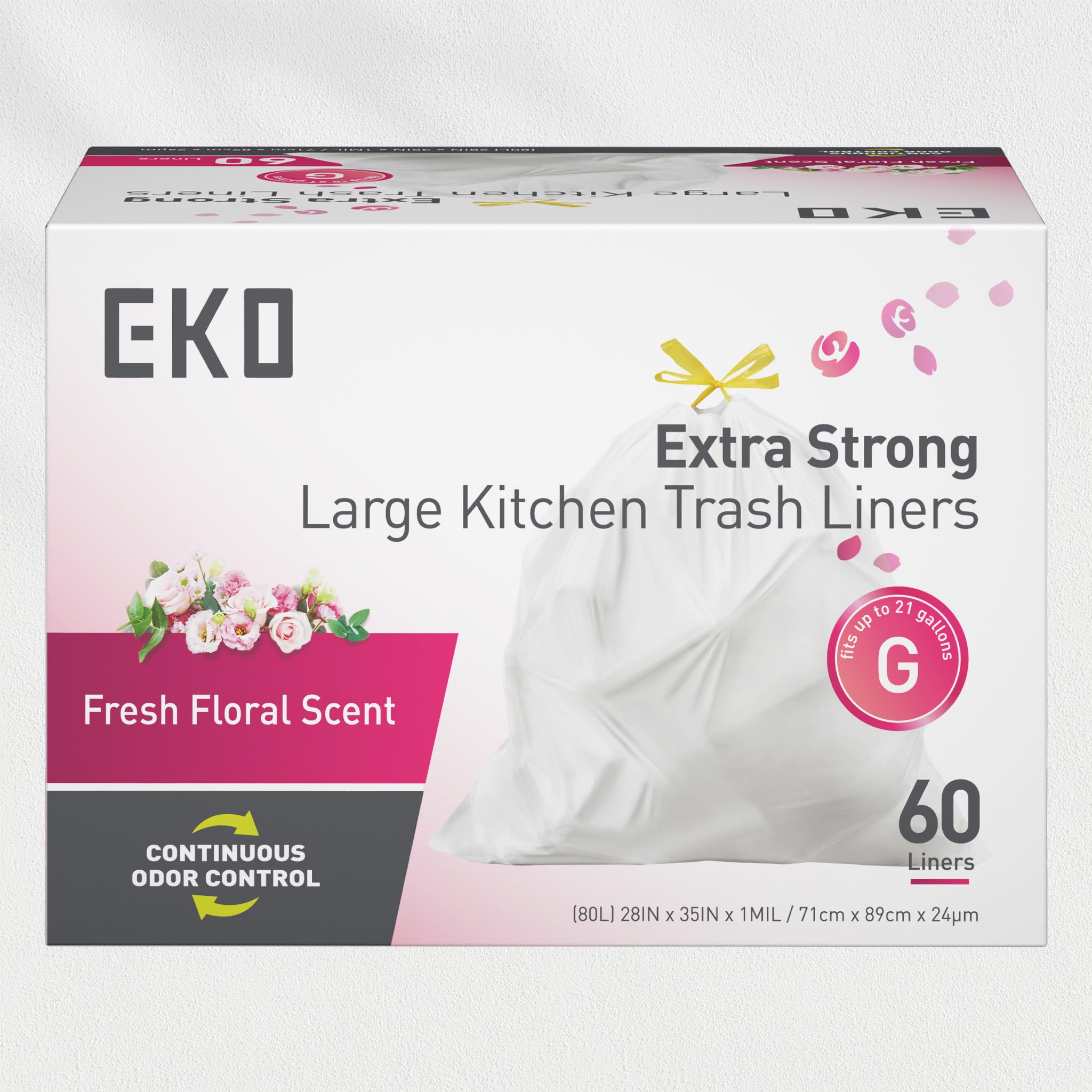EKO Extra Strong 21 Gallon Large Trash Bags, Heavy-Duty Drawstring Kitchen & Household Garbage Bags (80L), Leak-Resistant, Fresh Floral Scent, Continuous Odor Control, 60 Count, Code G 🍁 All In One Marketplace Canada