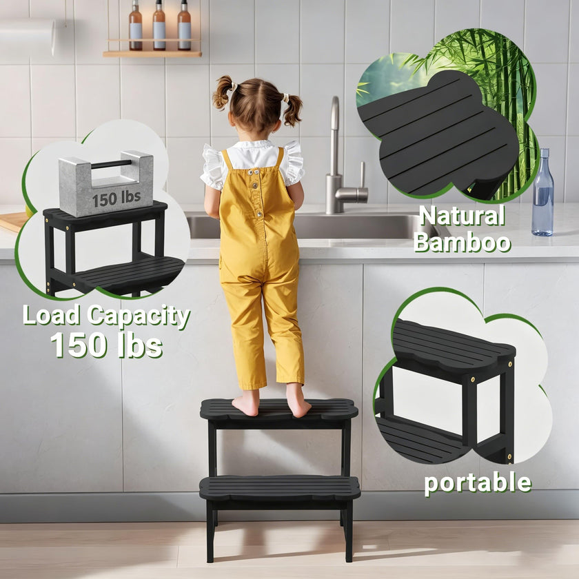 COSYLAND Bamboo Step Stool, Two Step Stools Toddler 300 lbs Capacity with Safety Non-Slip Pads, Bamboo Step Stool for Bathroom, Kitchen Dual Height Step Stools for Kids (Black) 🍁 All In One Marketplace Canada