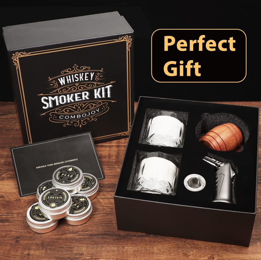 Whiskey Smoker Kit with Torch - 6 Flavors Wood Chips, 2 Glasses, 2 Ice Ball Molds - Cocktail Smoker Infuser Kit, Old Fashioned Drink Smoker Kit, Birthday Bourbon Whiskey Gifts for Men,Dad(NO Butane) 🍁 All In One Marketplace Canada