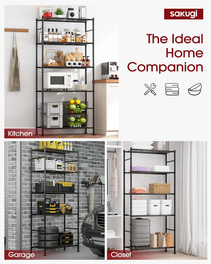 Sakugi 5 Tier Shelf - Heavy Duty Metal Storage Shelves with Adjustable Leveling Feet, Large Capacity Shelving Unit with Multiple Hooks for Kitchen, Pantry, Office (84 x 32 x 183 cm, Black) 🍁 All In One Marketplace Canada