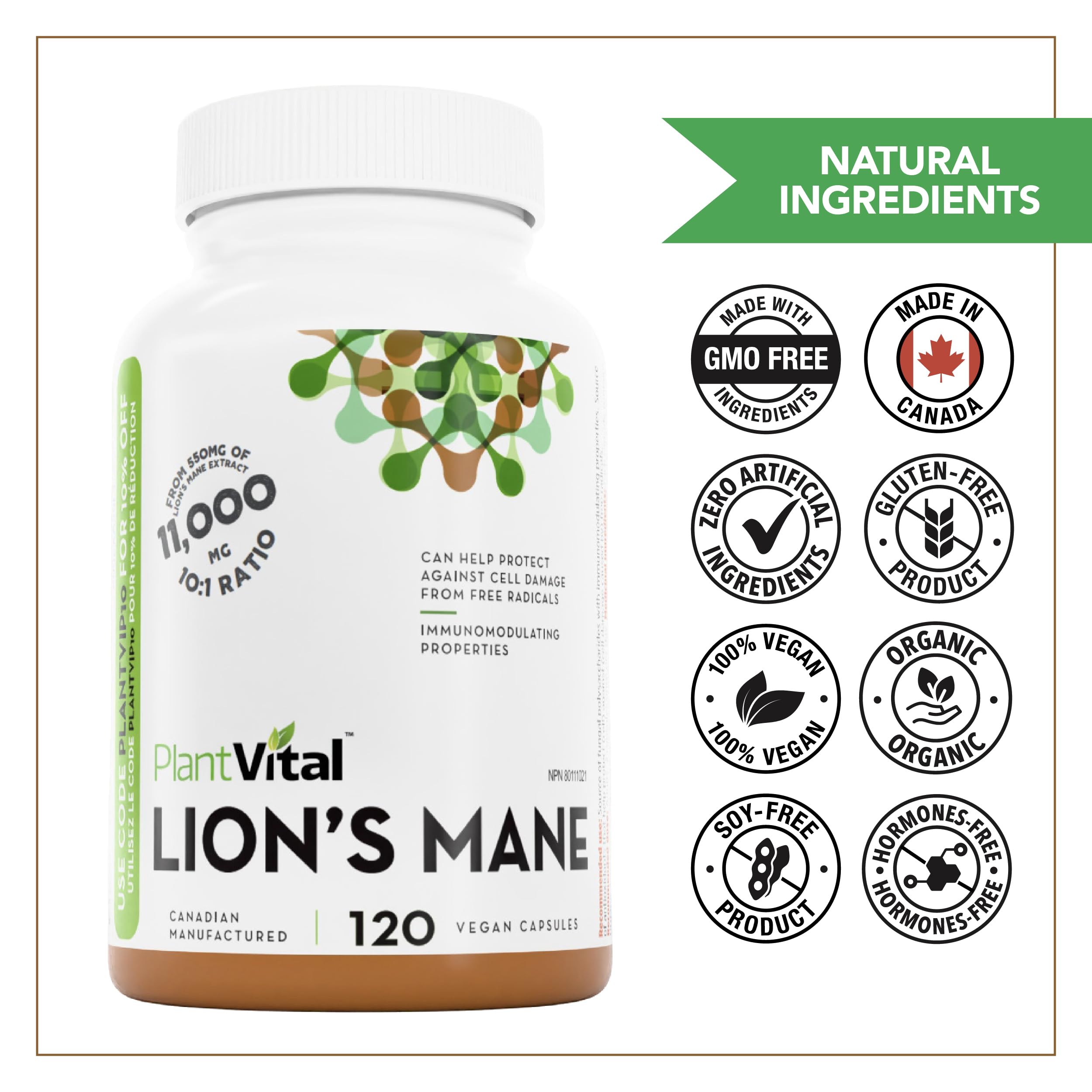 PlantVital Lions Mane - Made in Canada - Max Potency 11,000mg (10:1 Extract) - Organic Lion’s Mane Mushroom Supplements with 40% Polysaccharides - Supports Immune Health and Antioxidants -120 Capsules 🍁 All In One Marketplace Canada