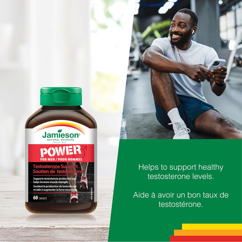 Jamieson Power for Men Vegetarian Caplets, with Fenugreek, Zinc, Magnesium Aspartate, Vitamin B6, and Beta-Alanine. Supports Testosterone Production, Muscle Strength, and Recovery, Gluten-Free, 60 Count, Proudly Canadian 🍁 All In One Marketplace Canada