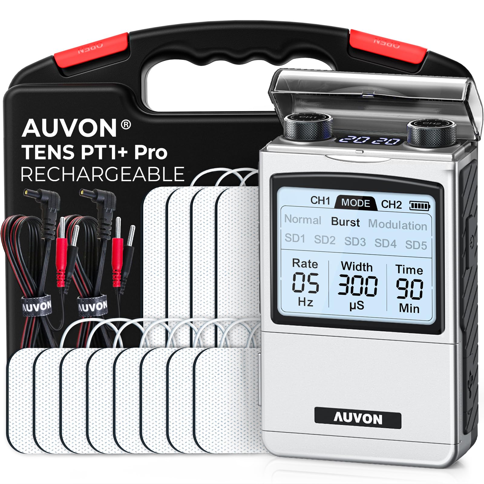 AUVON Rechargeable TENS Machine EMS Muscle Stimulator, Digital TENS Unit with 8 Customizable Modes, Electronic Massager for Sciatica, Shoulder & Back Pain Relief, 12 Pads, A Carry Case 🍁 All In One Marketplace Canada