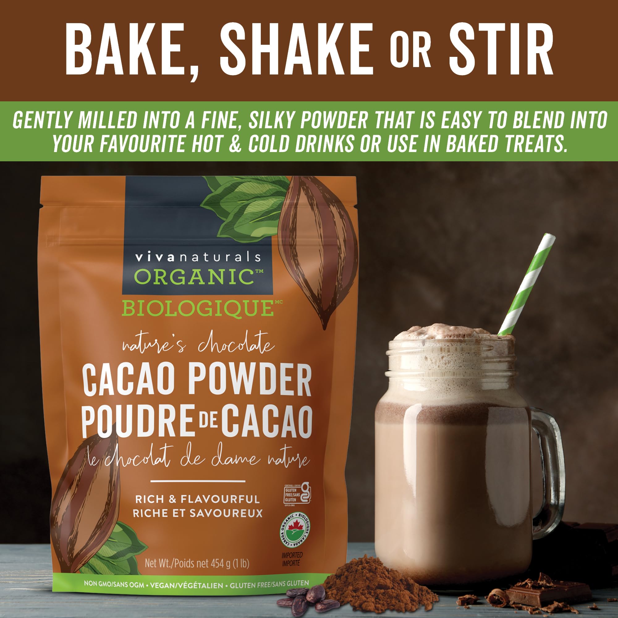 Viva Naturals Organic Non-GMO Cacao Powder, 1 Pound Bag 🍁 All In One Marketplace Canada