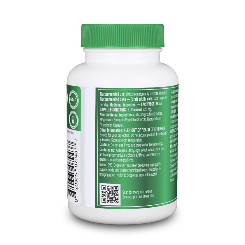 Organika Canadian-Made L-Theanine Bonus Size 225mg-Relaxation Promotion Without Drowsiness, Stress Support, Pure Natural Source, Fast Acting- 110caps 🍁 All In One Marketplace Canada