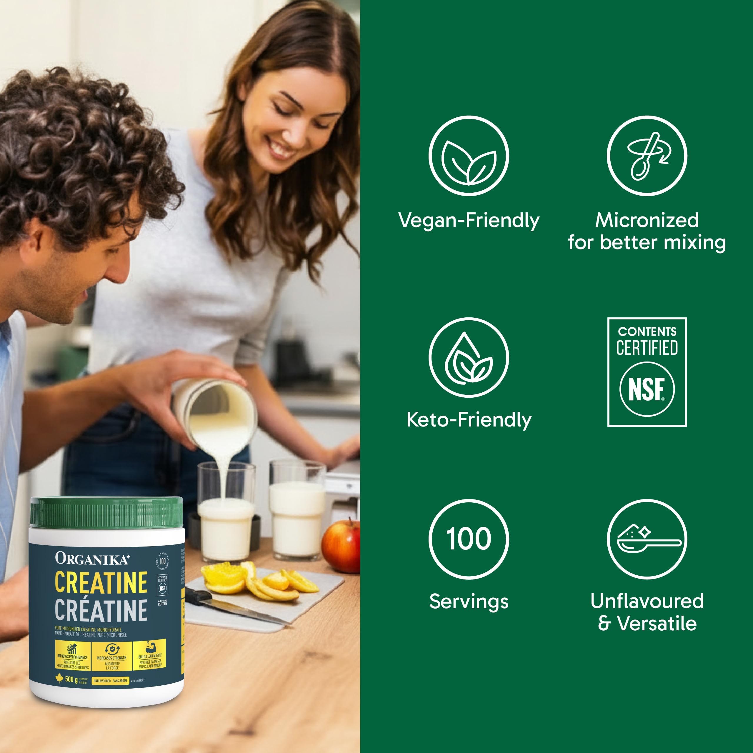 Organika Canadian-Made Creatine Powder- Pure Micronized Creatine Monohydrate - Helps Build Lean Muscle, Increase Strength, and Improved Recovery and Performance for Men and Women - 500g, 100 servings 🍁 All In One Marketplace Canada